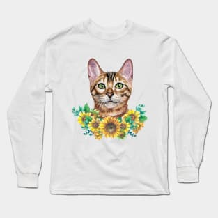 Cute Tabby Cat with Sunflowers Watercolor Art Long Sleeve T-Shirt